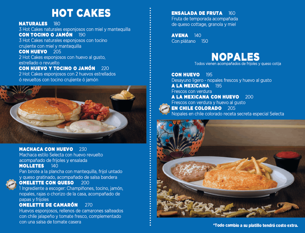 Hot cakes, maachaca, nopales, molletes