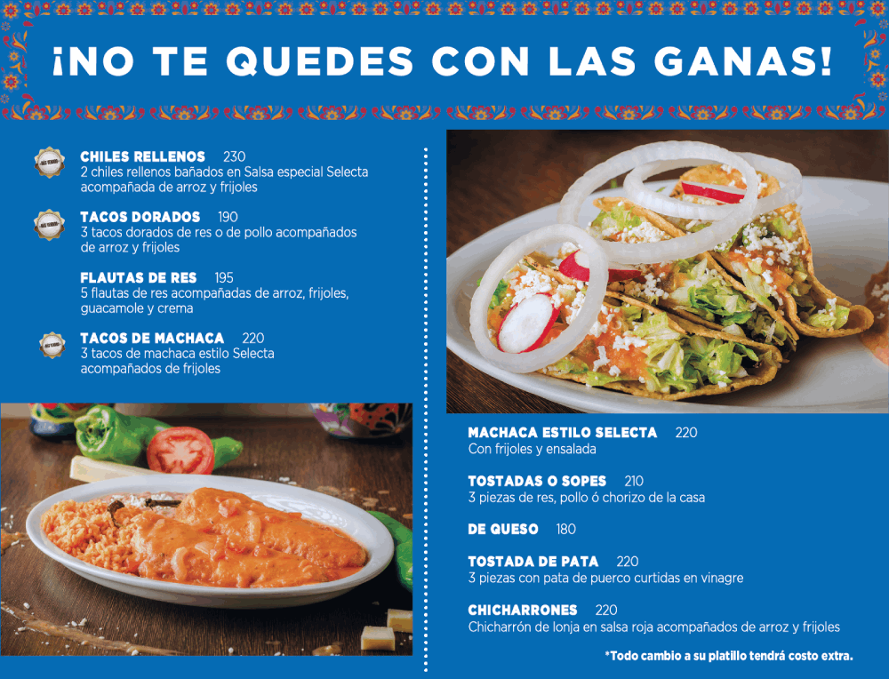 Chiles rellenos, tacos dorados, flautas, machaca